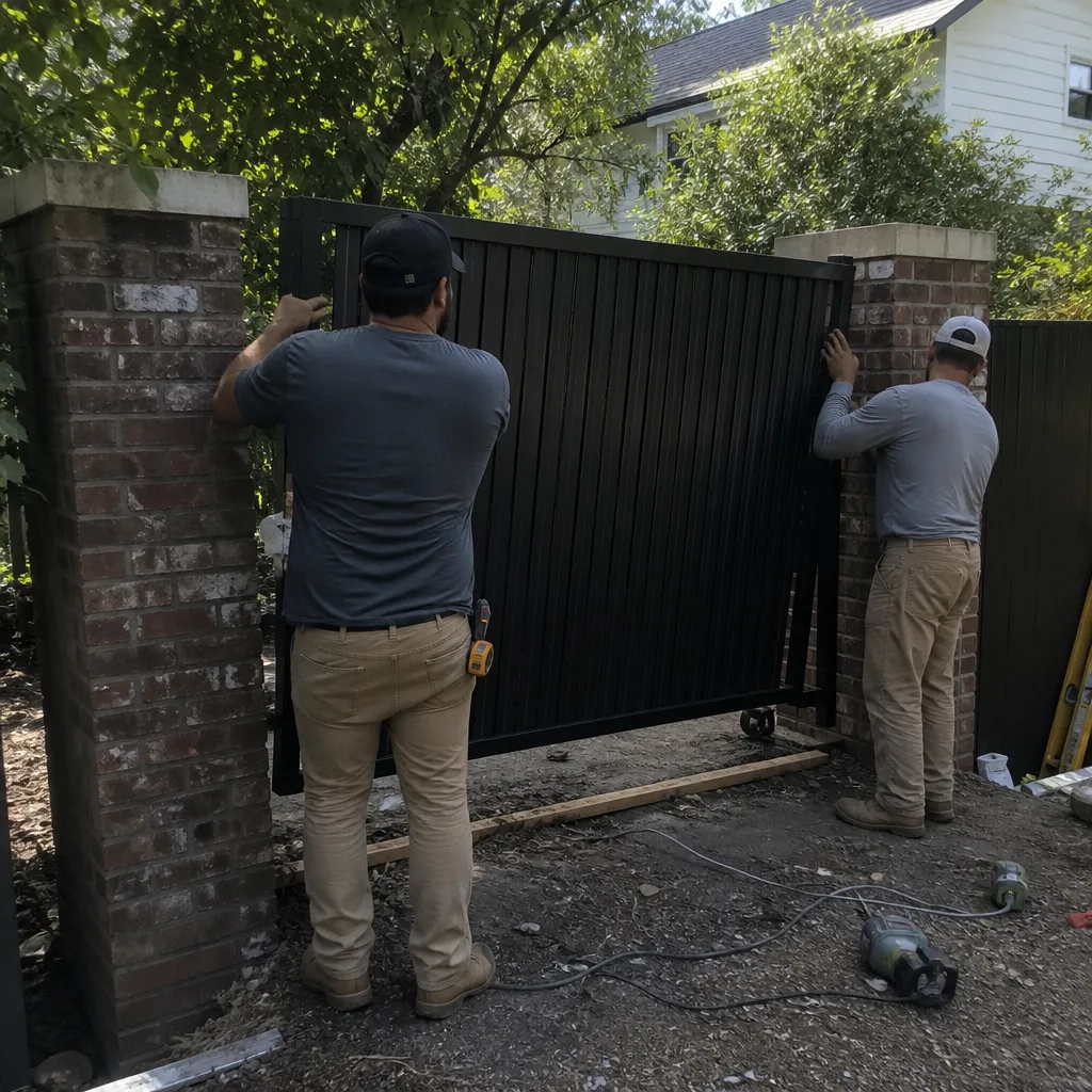 Two professional contractors installing a modern black metal driveway gate