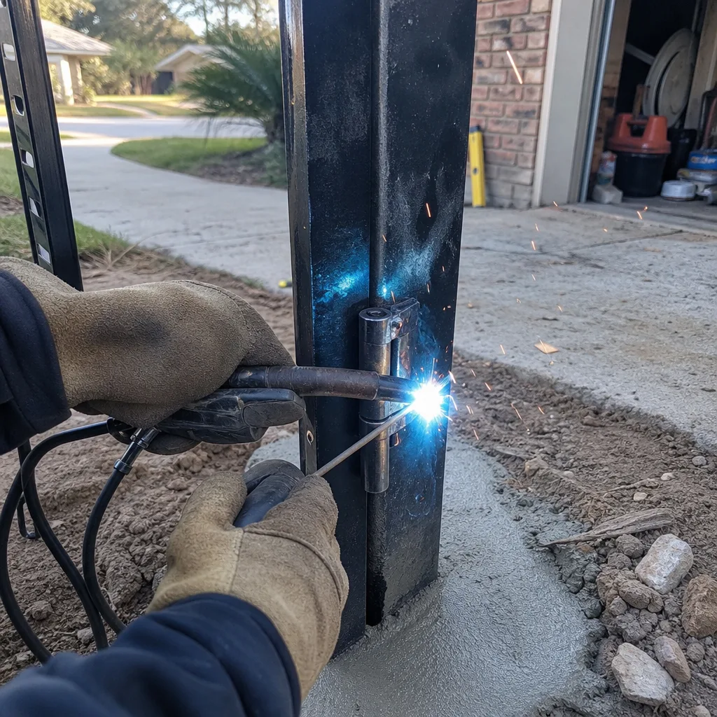 professional welder installing a metal gate hinge on a fence post