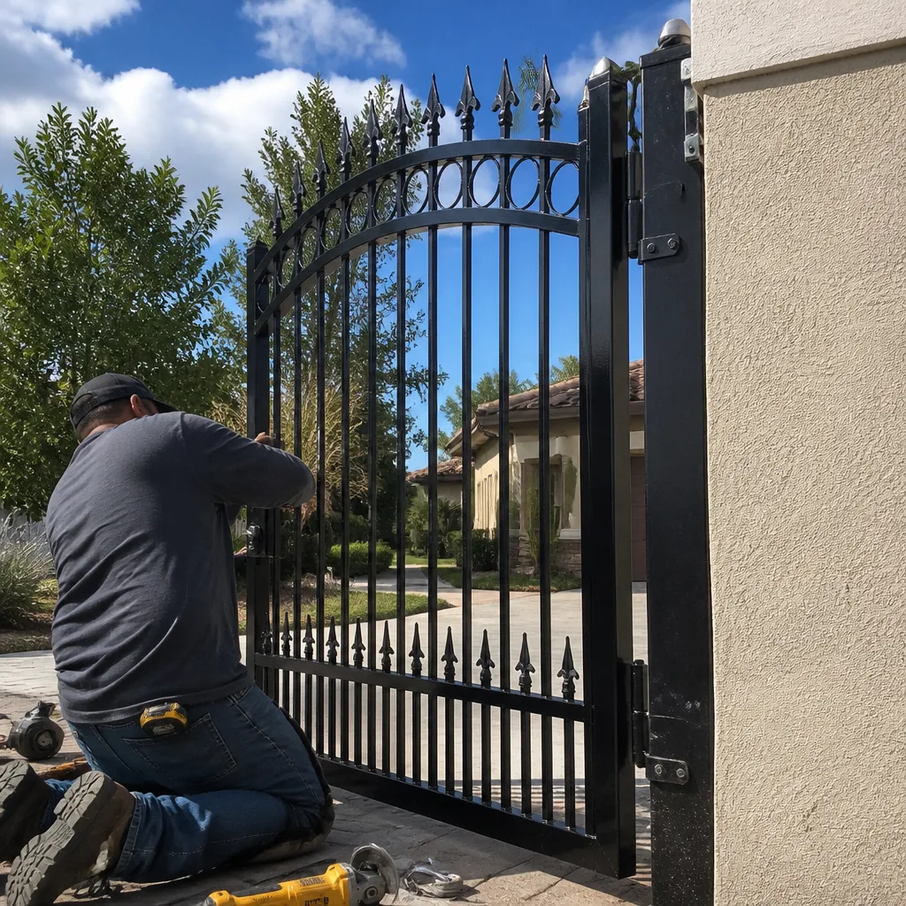 Professional technician performing ornamental metal gate installation and repair