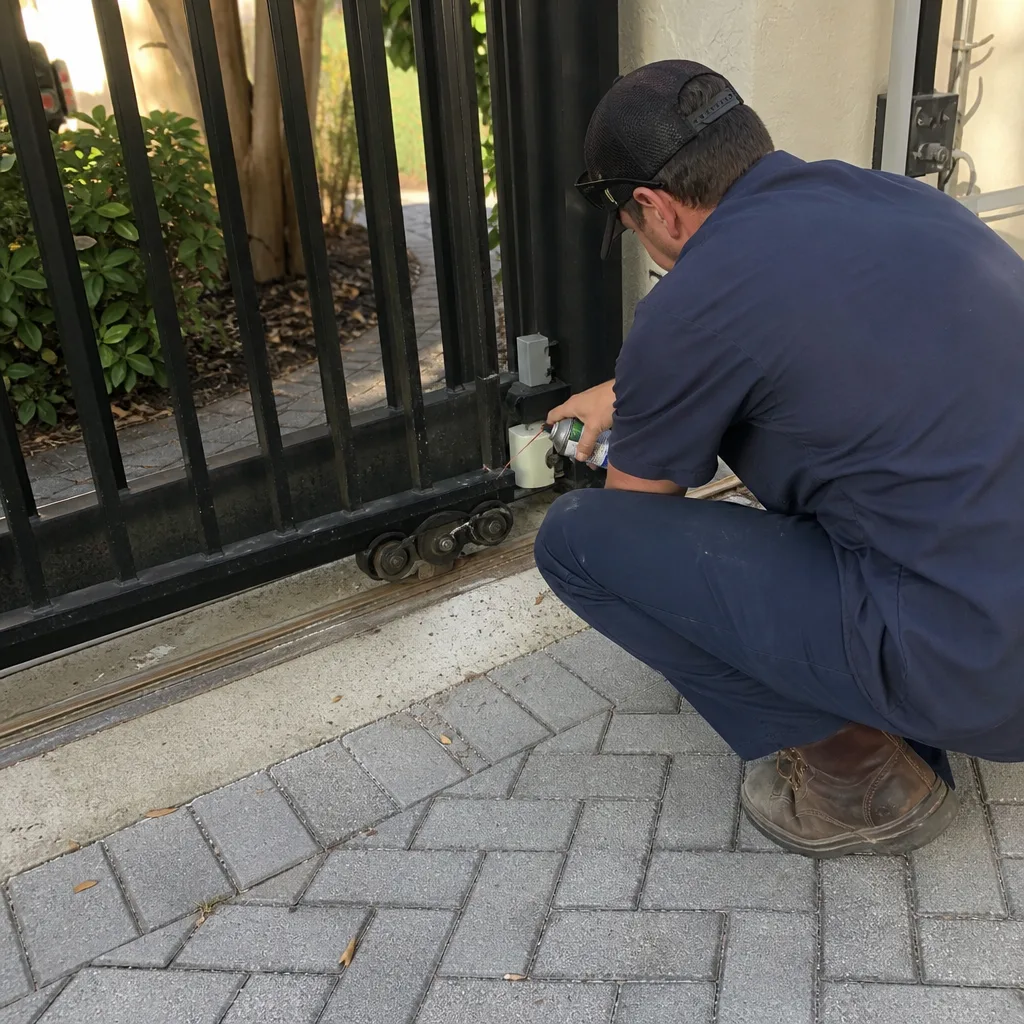 Technician performing maintenance and lubrication on a residential sliding gate motor
