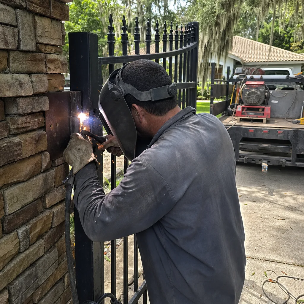 Professional welder performing metal gate repair and iron fence fabrication